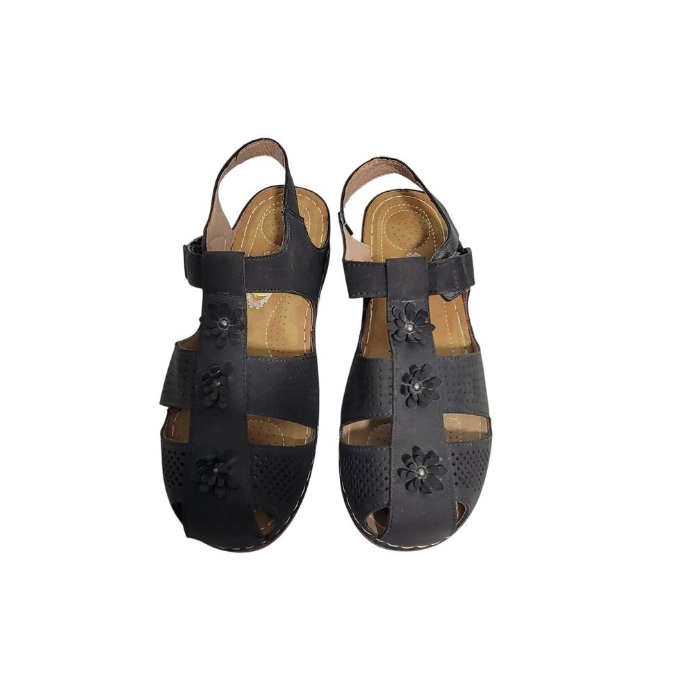 Atalina Charcoal Gray Floral Small Wedge Sandals Size 9W 41526-2892